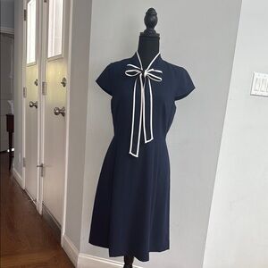 J. Crew Dark Blue Midi Dress with White Bow Accent